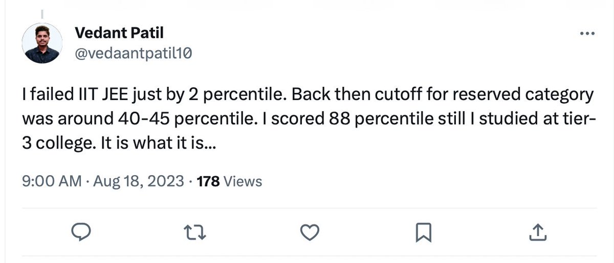 talk2anuradha's tweet photo. Score- 40 percentile
Category- Reserved
Gets IIT seat

Score- 88 %ile
Category- General
Gets Tier 3 College

Reserved will likely get PSU job in future.

General will study one last time for IELTS to get hell out of this country. Might become CEO &amp; we will all feel proud of him. https://t.co/pnKobJoIUl