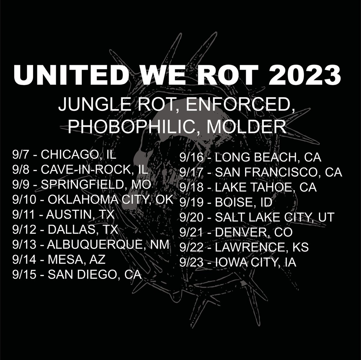 We leave in just over 2 weeks for the United We Rot tour w @jungle_rot @phobophilic_ and @molder_official - all new merch and hell, we get to play for 45 minutes so come test your pit endurance. Ticket link bio, etc.