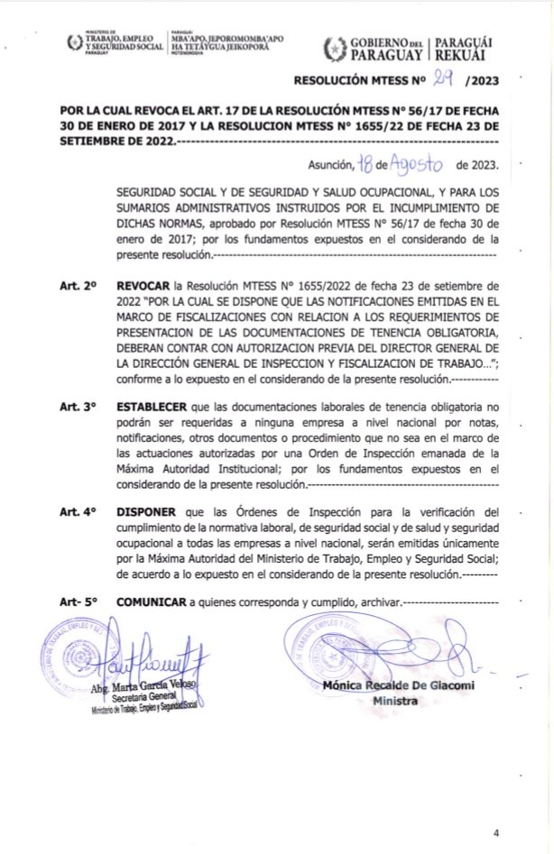 En línea con el pedido expreso del Presidente <a href="/SantiPenap/">Santiago Peña</a> de una gestión transparente que ponga en primer lugar a la gente, y que busca además garantizar a los usuarios el debido proceso en materia de controles laborales, pongo a conocimiento público la Resolución MTESS Nro.