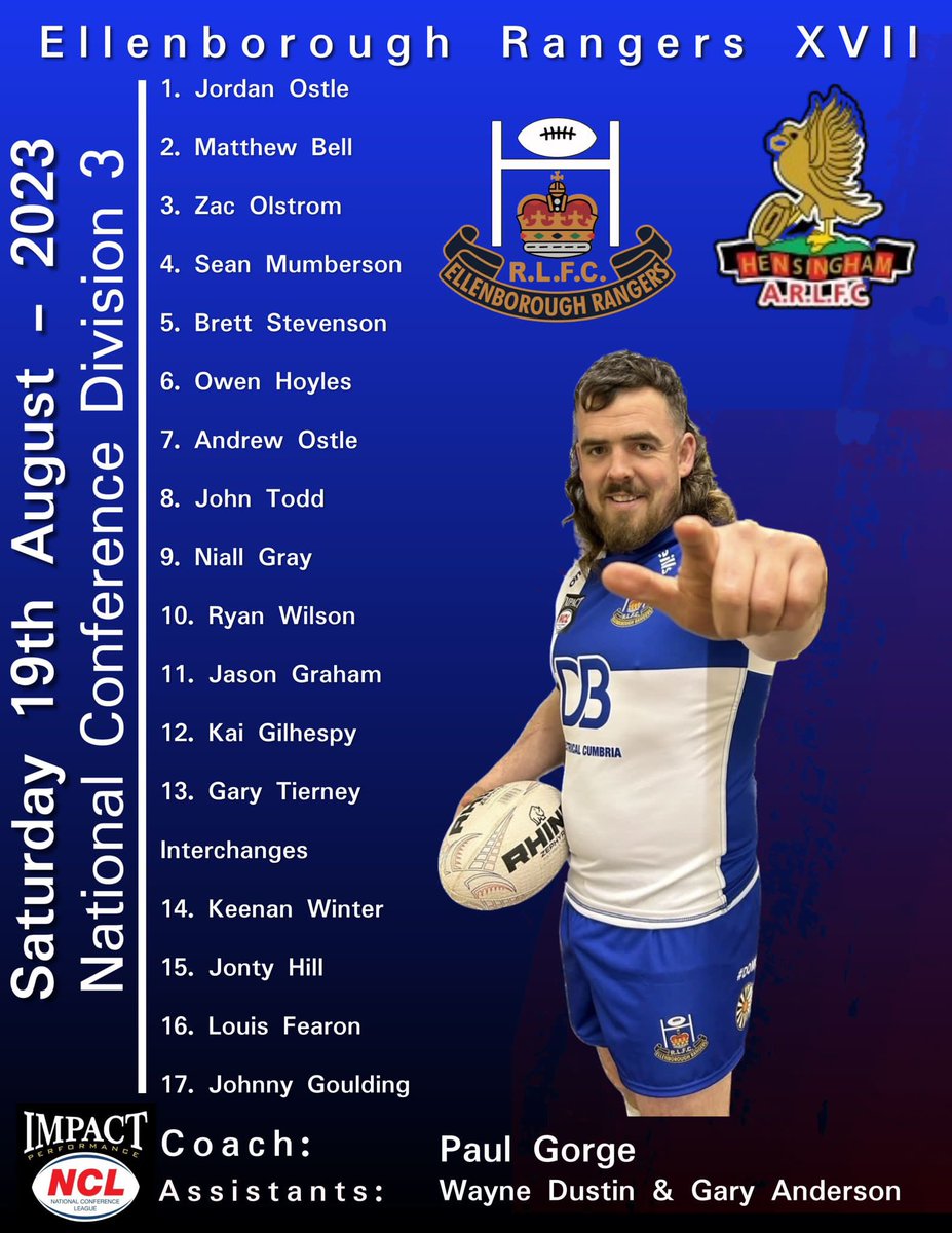Todays 17 to take on <a href="/hensingham_arl/">Hensingham ARL</a> in the final game of <a href="/OfficialNCL/">National Conference League - RL</a> Div 3!

Good Luck Lads 👏🏻

🔵⚪️🔵