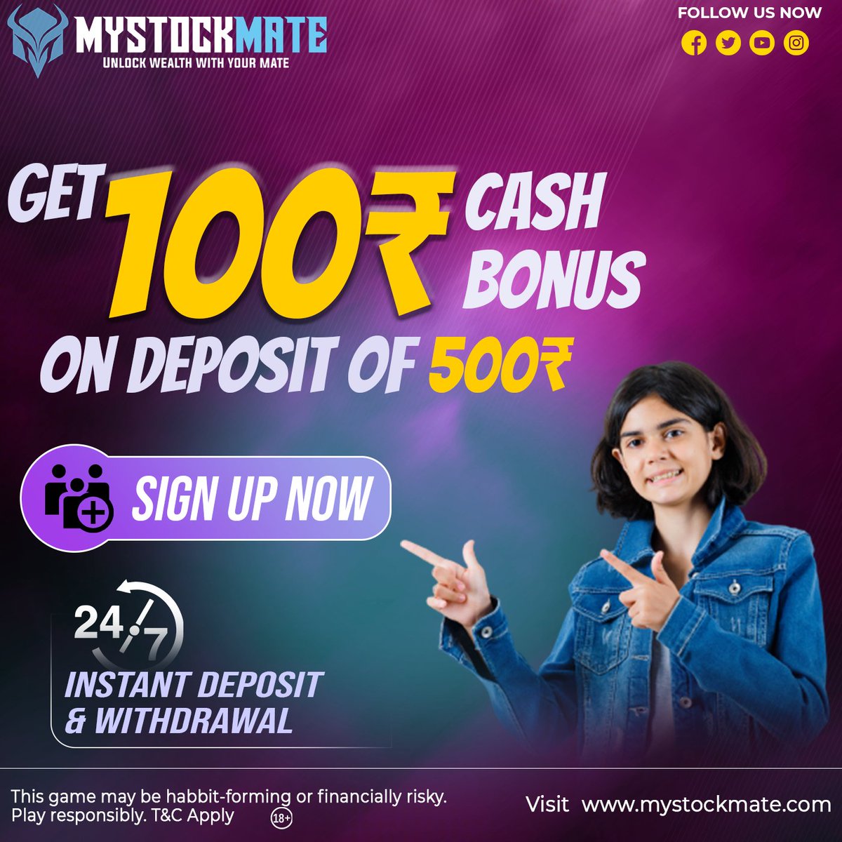 Mystockmate's tweet photo. We have some good news for you 😍! Get instant bonus of 100 Rs of your first 500 Rs deposit ... So download the India's best stock gaming application @Mystockmate 
https://t.co/18sY7bUCr0

#BitcoinCrash  #tottenham #charles #ViratKohli𓃵  #Chandrayaan_3 #ripcheems  #nifty50 https://t.co/cjXLiFB0GD