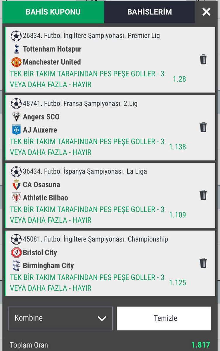 supporter04tns's tweet photo. Bugünkü I. Futbol Kuponum ⚽️ 

Sabitlediğim twitte linki bulunan BetRoller ‘dan aldım.

Arka arka 3 gol atan olmaz kuponu.
Oran: 1,81

Akıl almaz olaylar yaşanmazsa rahatlıkla gelmeli. 

Hepimize iyi şanslar 🍀 https://t.co/3a2uBzhOub