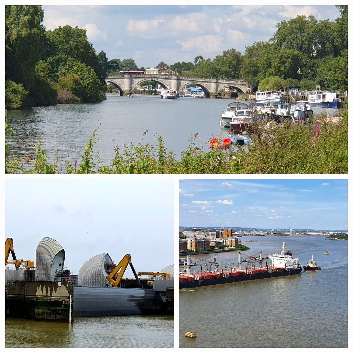 Contrasting #Thames river views on the #CapitalRing. Pretty #Richmond with leisure boats & the working #Woolwich end with #ThamesBarrier & big ships full of sugar!