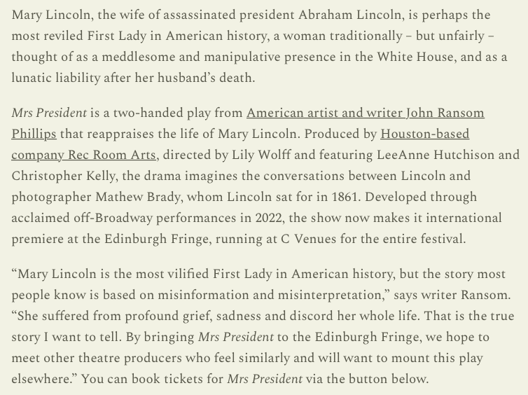 JRansomPhillips's tweet photo. Thanks to The Crush Bar for including #MrsPresident in their 'Five shows to see at the Edinburgh Fringe" piece.

If you haven't seen it yet, we're at the @edfringe until 27 August - https://t.co/eMheao9P1s

#edfringe2023 #mrspresident #edfringe #herstory #fillyerboots #theatre https://t.co/RAJYqPunO5