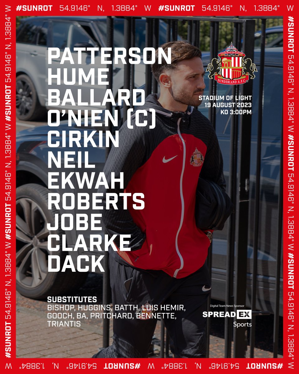 SunderlandAFC's tweet photo. Tony Mowbray's starting XI  📰 

✊ Let's go! 

#SAFC | #SUNROT https://t.co/YTPvGj15n6