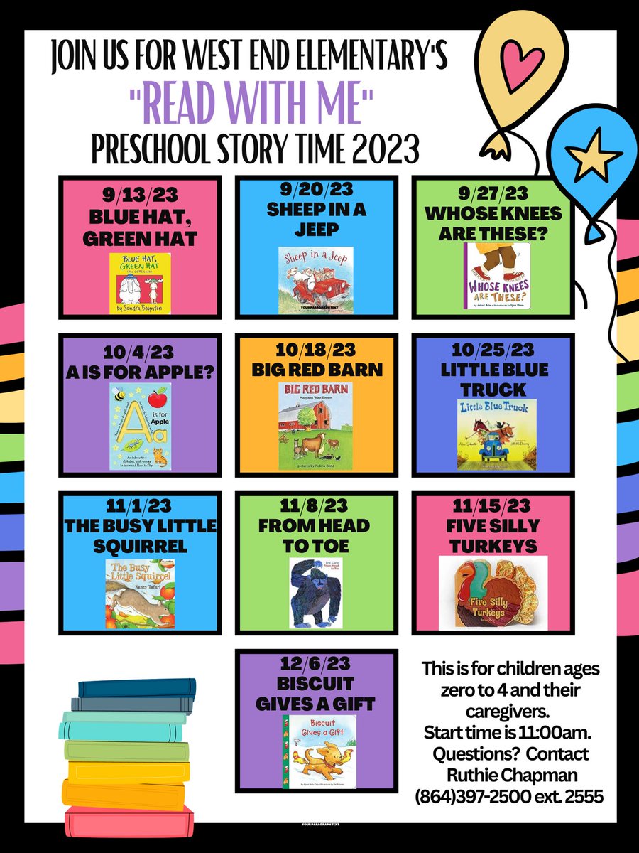 Preschool story time at West End is back!  Check out these details and join us! <a href="/uwpickens/">United Way Pickens</a> <a href="/PickensSchools/">School District of Pickens County</a> <a href="/BasicsPalmetto/">The Basics Palmetto</a> <a href="/PCFirstSteps/">PCFirstSteps</a>