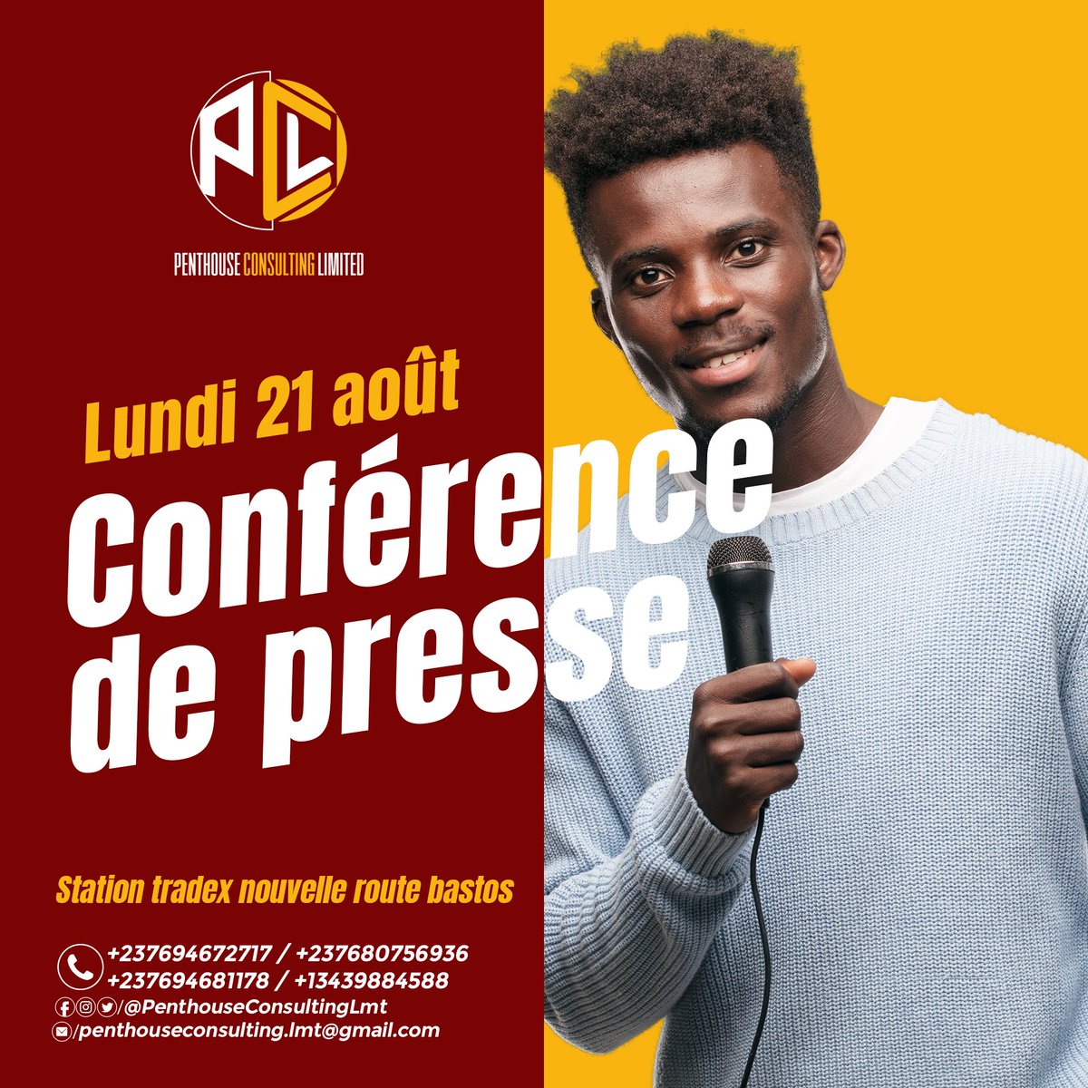 PenthouseLmt's tweet photo. Nous vous donnons rendez-vous ce lundi 21 août à Bastos pour une Conférence de presse qui portera sur les bourses d'études !

N'hésitez pas à nous contacter pour plus d'informations!

☎️ +237694681178 /+237694672717 /  +237680756936 / +13439884588
penthouseconsulting.mt@gmail.com https://t.co/VeMszWNYFc