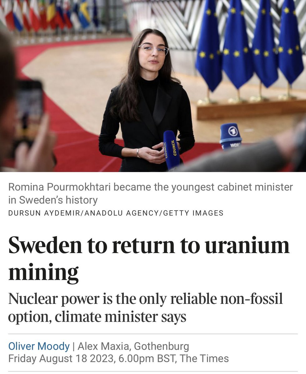 maxialexx's tweet photo. It looks like #Sweden could return to uranium mining, in line with environment minister @RPourmokhtari plans to increase #nuclearpower production. Former minister @bolund says this would be a big mistake. Find out more in today’s @thetimes article by @olivernmoody and I https://t.co/28FnF0ac1K