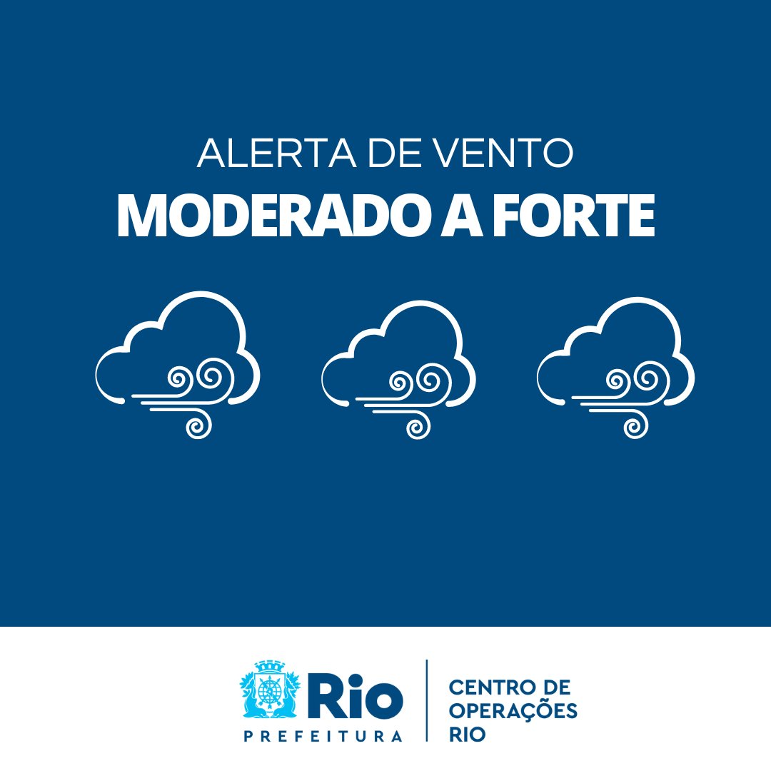 ATENÇÃO! | A aproximação de uma frente fria muda o tempo na cidade e a previsão é de ventos moderados a fortes no Rio (com rajadas muito fortes para a noite). 

🚫 Evite locais abertos como praias e parques 

🚫 Vai ao show na Barra? Leve casaco e capa de chuva!  

🚫 Vai à