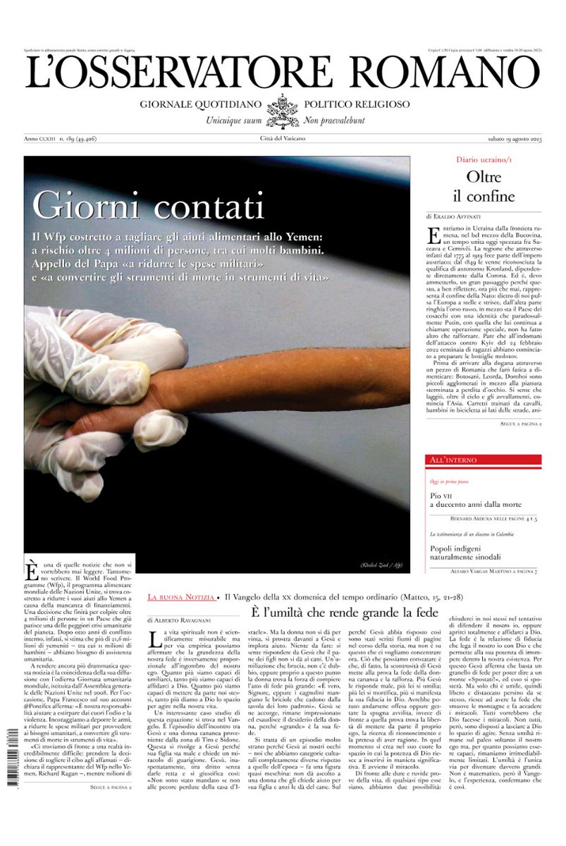 oss_romano's tweet photo. Oggi in #PrimaPagina su l'Osservatore Romano
Giorni contati?
🇾🇪Il @WFP costretto a tagliare gli aiuti alimentari allo #Yemen.
A rischio oltre 4 milioni di persone, tra cui molti bambini
@WFP_IT @UN #FameZero
https://t.co/nsVXf5VRVr https://t.co/Wvr8DbXHKE