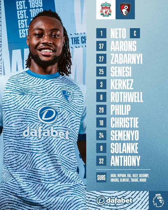 Team vs Liverpool
XI: Neto (C), Aarons, Zabarnyi, Senesi, Kerkez, Rothwell, Philip, Christie, Semenyo, Solanke, Anthony.
Subs: Radu, Mepham, Hill, Kelly, Kilkenny, Brooks, Kluivert, Traorè, Moore.