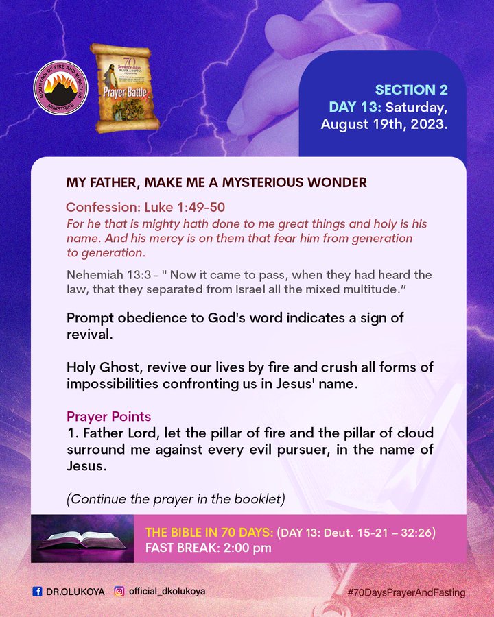 mfmvictorycentr's tweet photo. DAY 13: Saturday, August 19th, 2023.
Prompt obedience to God's word indicates a sign of revival.
Holy Ghost, revive our lives by fire and crush all forms of impossibilities confronting us in Jesus' name.
@REAL_DKOLUKOYA https://t.co/banKBaMfBy