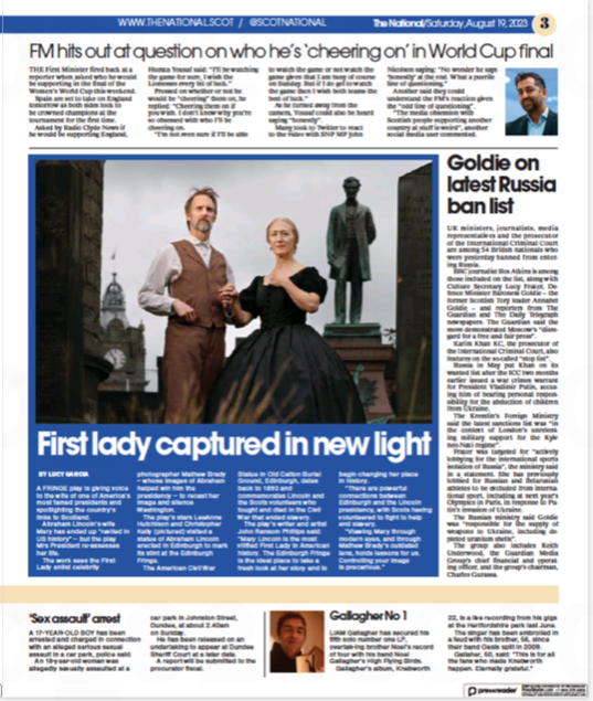JRansomPhillips's tweet photo. I'm delighted to see this coverage of Mrs President in the The National Newspaper today.

📍@caquila 2-27 August  2.30pm
https://t.co/O58F9iWsdb

#mrspresident #edfringe #herstory #fillyerboots #theatre #lincoln #brady #americanhistory #power #represention #americanplayright https://t.co/plR3SbTuQ0