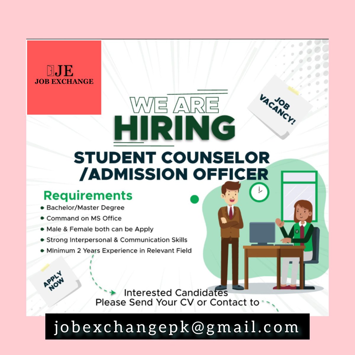 facebook.com/jobexchangepk

instagram.com/jobexchangepk

linkedin.com/in/jobexchange…

tiktok.com/@jobexchangepk

twitter.com/jobexchangepk

jobexchangepk@gmail.com

#jobsinkarachi #Karachi #karachijobs #recruiting