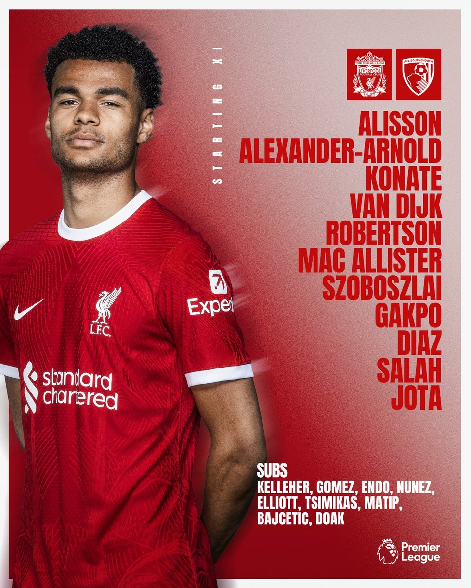 PremierPitch23's tweet photo. The starting lineup for Liverpool vs Bournemouth

#LiverpoolFC #Bournemouth #PremierLeague #MatchDay https://t.co/vwNfFa9kUq