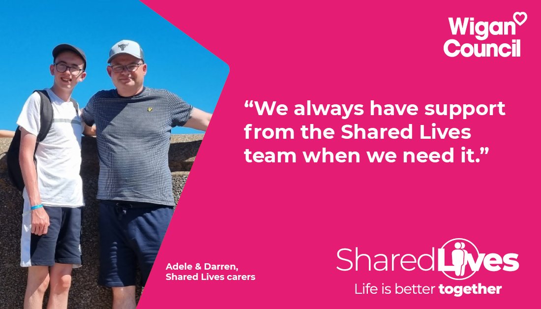 WiganCouncil's tweet image. Want to join Adele and Darren and become #SharedLives carers for a full-time placement? 

If you can have someone live with you long-term,  provide them with a room,  a family environment &amp;amp; share everyday life experiences, this is the placement for you 👉 bit.ly/3khEdAX