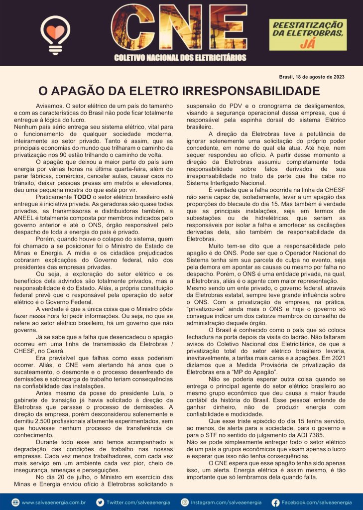 O Apagão da Eletro Irresponsabilidade: 

O Brasil é conhecido como o país que só coloca fechadura na porta depois da visita do ladrão. #DevolveOs43ParaUniãoSTF #ReestatizaEletrobras porque #PrivatizarFazMalAoBrasil