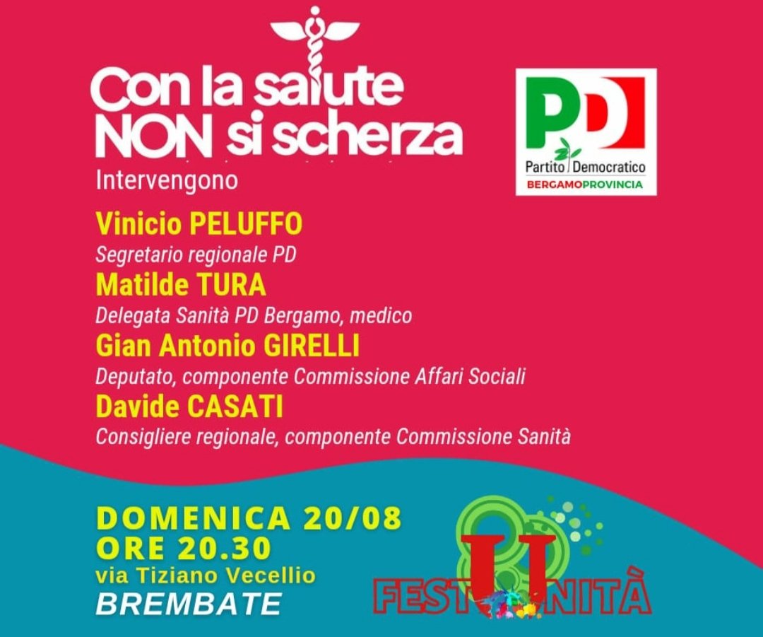 I segnali della crisi del nostro sistema sanitario nazionale sono sempre più evidenti e preoccupanti...
Domani al 20.30 alla Festa de l'Unità di Brembate, vi aspetto per un dibattito sul tema con <a href="/Vpeluffo/">Vinicio Peluffo</a> <a href="/tura_matilde/">Adele Matilde Tura</a> e <a href="/GianniGirelli/">Gian Antonio Girelli</a>