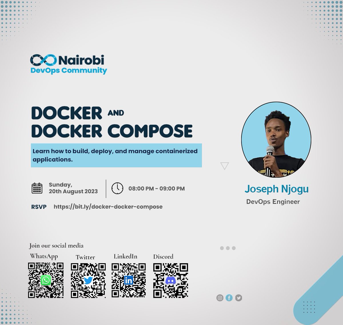 nairobidevops's tweet photo. Join us this Sunday at 8 pm for an enlightening online session on Docker and Docker Compose facilitated by our experienced engineer Joseph Njogu(@josephnjogu487)
RSVP: https://t.co/xrBl9K1kTl…
#nairobi #devops #nairobidevops #docker #dockercompose #nairobidevopscommunity https://t.co/KjbJczJIVg