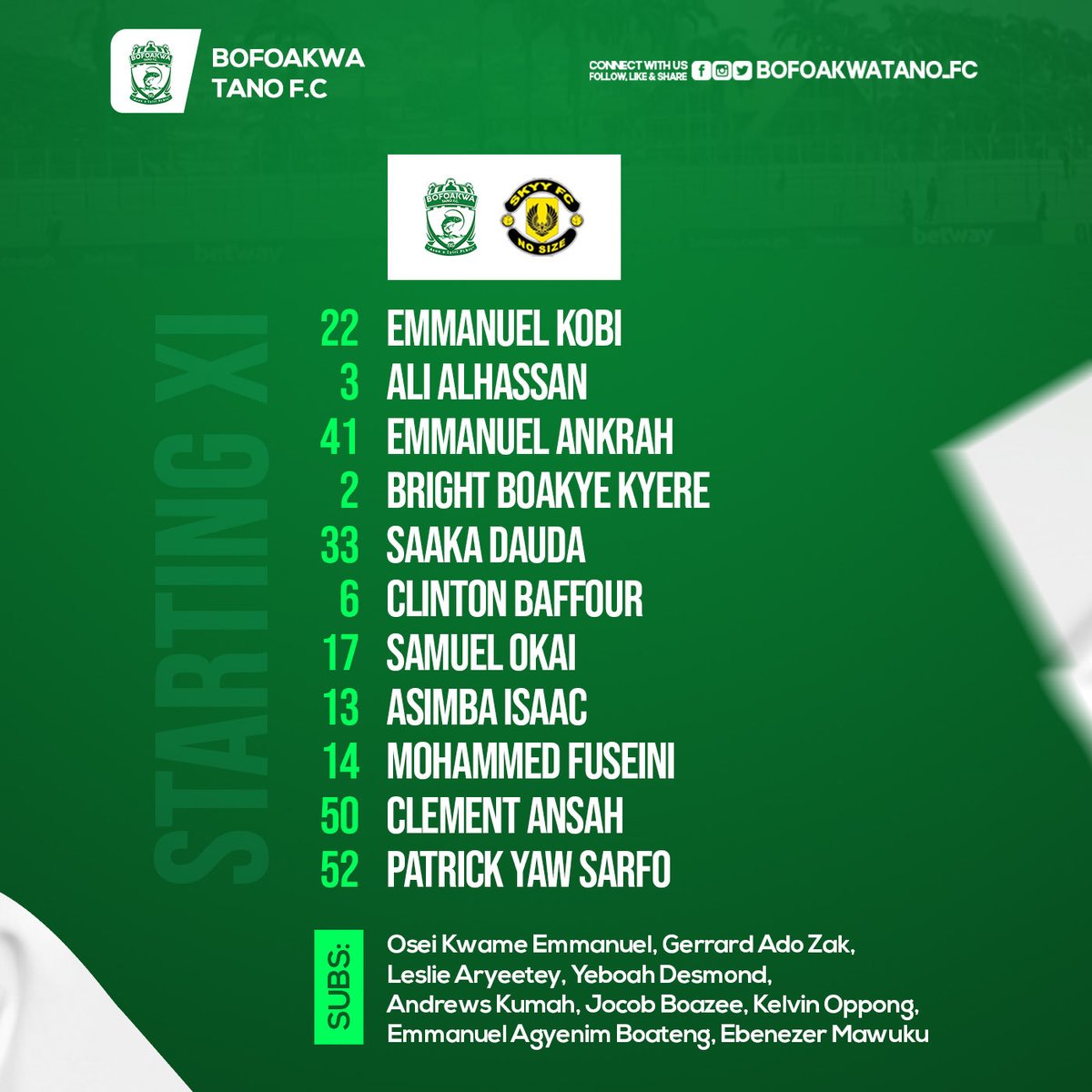 bofoakwatano's tweet photo. 🟢⚪️🟢⚪️STARTING XI🟢⚪️🟢⚪️

Presenting our Starting XI against ⁦@SkyyFC1⁩ . https://t.co/pknHY2J6gi
