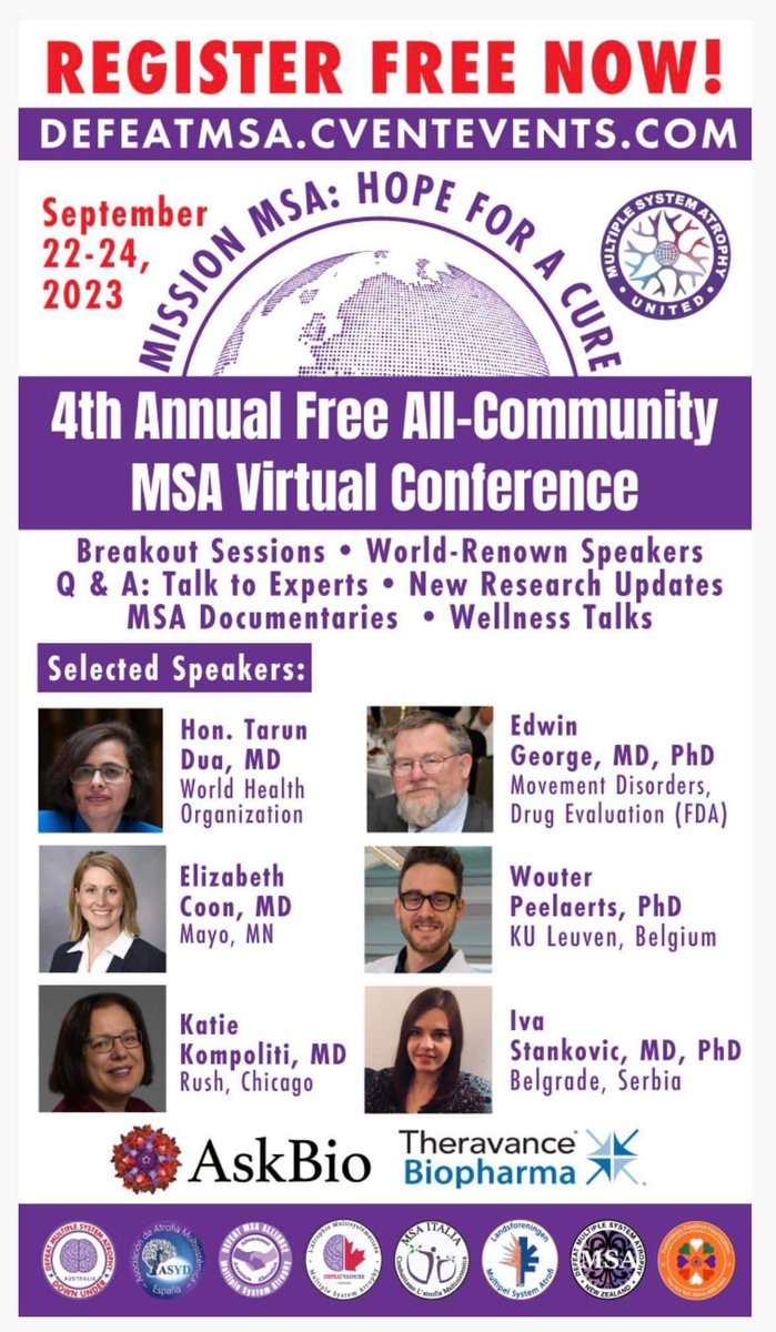 REGISTER NOW!

4th Annual All-Community MSA Conference! 
~ Free, Virtual &amp; Multilingual ! 
Register Now Here: defeatmsa.cventevents.com

-US registered attendees can receive an MSA awareness gift package while supplies last, only 1 per household, no packages shipped after Sep 8 💜