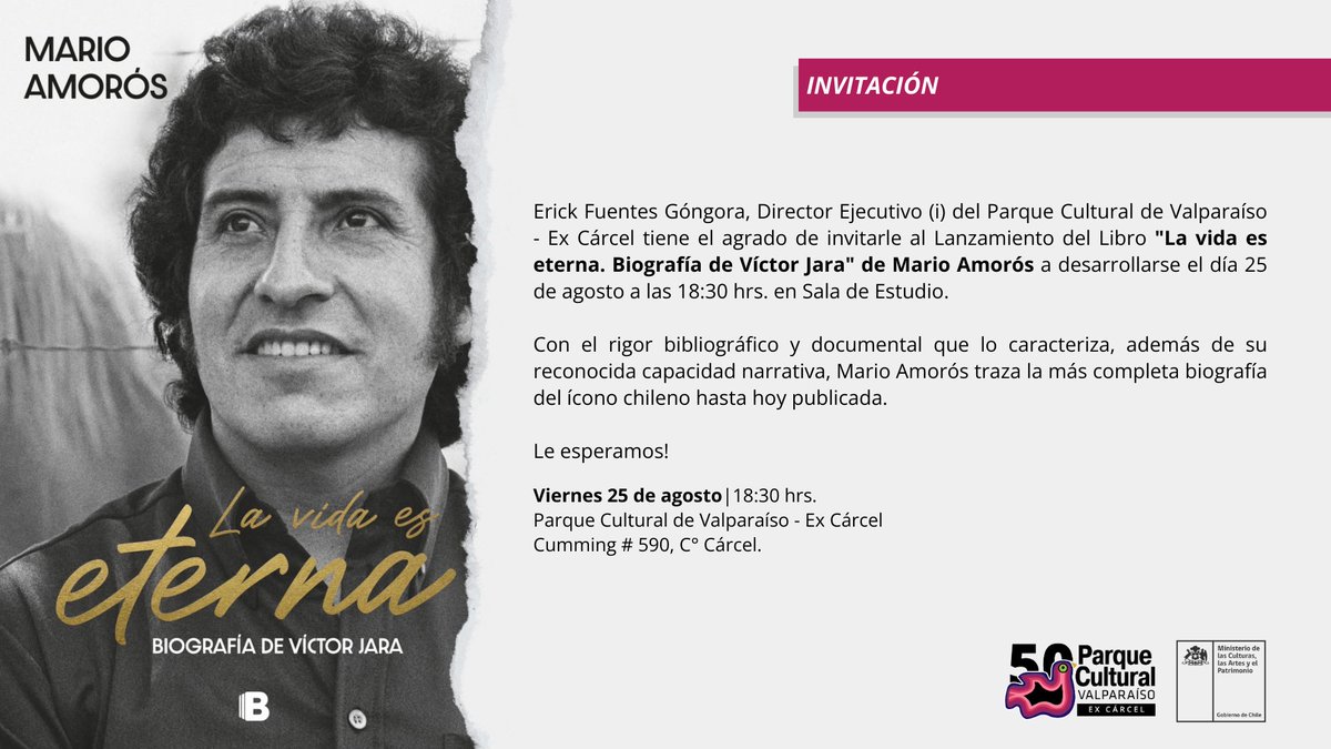MarioAmoros1973's tweet photo. El viernes 25 de agosto, a las 18.30 h., presentaré mi biografía de Víctor Jara en Valparaíso, en el Parque Cultural. Entrada libre. AGRADEZCO LA AYUDA EN LA DIFUSIÓN....

@penguinlibroscl @parquecultural https://t.co/Bb7XOPCCKM