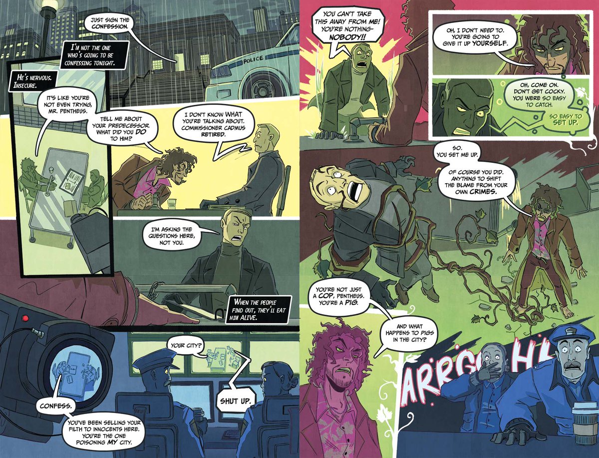 notanotheralex's tweet image. happy #sequentialsaturday! in terms of fully polished pages, this spread from @olliegerlach and mine’s short for @limitbreakcomics&apos; DOWN BELOW contains some of my favourite design elements and lettering (uh minus the dialogue being WAY too big 😅)

#comics
