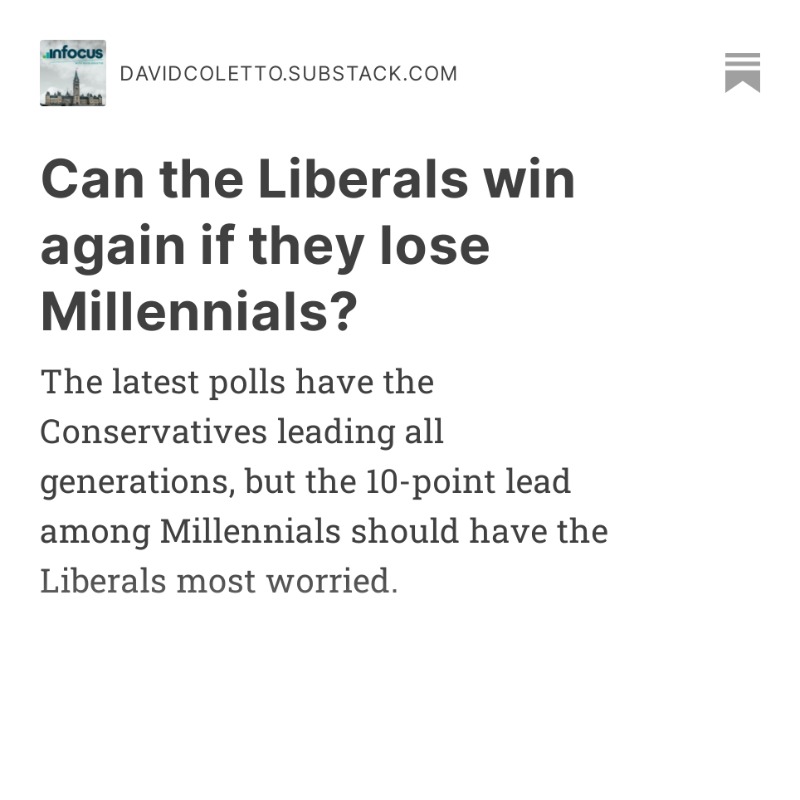 DavidColetto's tweet photo. My latest: The Liberals trail the Conservatives by 10-points among Millennials in the latest @abacusdataca polling

A few thoughts...

#cdnpoli