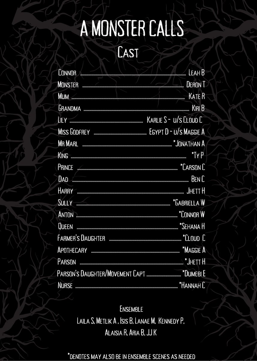 PrincetonTheat1's tweet photo. The cast and crew list for A Monster Calls came out late in the evening last night! Everyone give a big congratulations to every one and be sure to mark your calendars for October 26th - 28th to watch this amazing show! https://t.co/v0O4k72Jeb