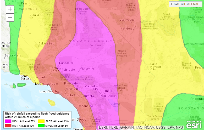 JimCantore's tweet image. Flooding is the largest overall concern with #hilary Sunday and Monday and its not just confined to southern CA.  NWS Flood watches sprawl throughout the west.  WPC HIGH RISK area in fuchsia for Sunday/Monday.