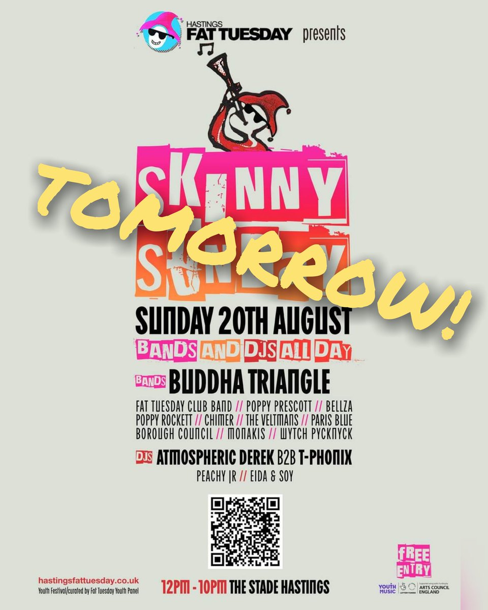 Can't wait for Skinny Sunday on the Stade tomorrow! Big shout out to our Youth Panel for putting it together and to @YouthMusic for supporting. Weather's looking good so bring a chair or blanket for the afternoon and your dancing shoes for the evening! FREE, 12pm-10pm #HASTINGS