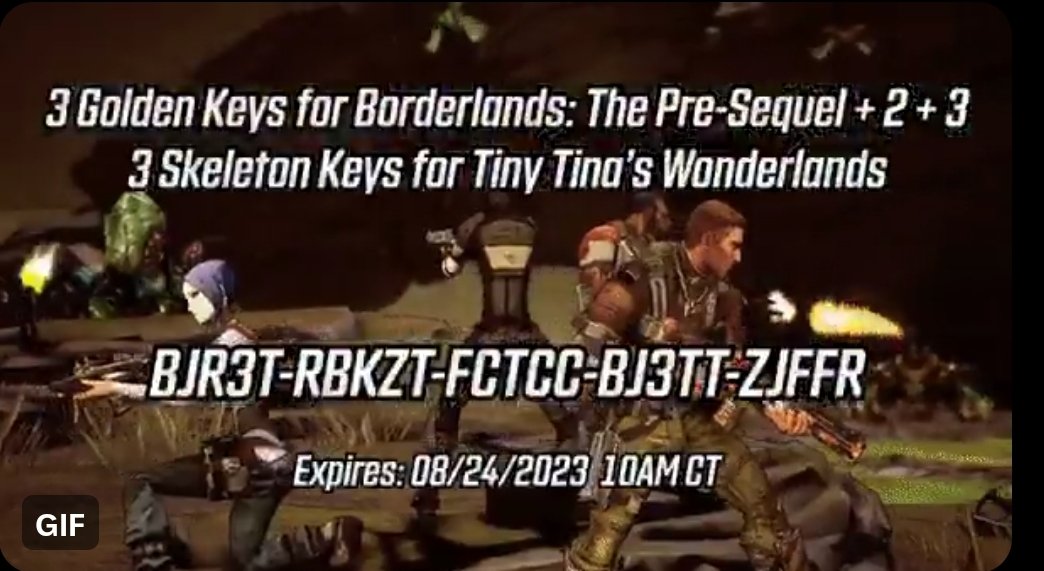 SHiFT Code for 3 Golden and Skeleton Keys for Borderlands: The Pre-Sequel, Borderlands 2, Borderlands 3, and Tiny Tina’s Wonderlands:   BJR3T-RBKZT-FCTCC-BJ3TT-ZJFFR Redeem in game or at shift.gearbox.com. Expires 8/24. Get you some! #boarderlands #TinyTinasWonderlands