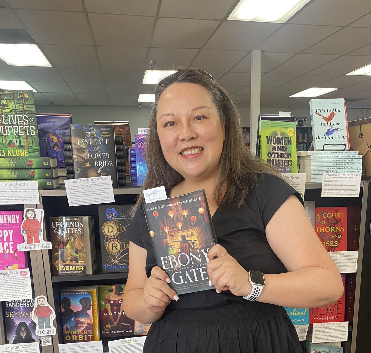 Happy to visit <a href="/MystGalaxyBooks/">Mysterious Galaxy</a> in person and see Ebony Gate as a staff pick 🥺