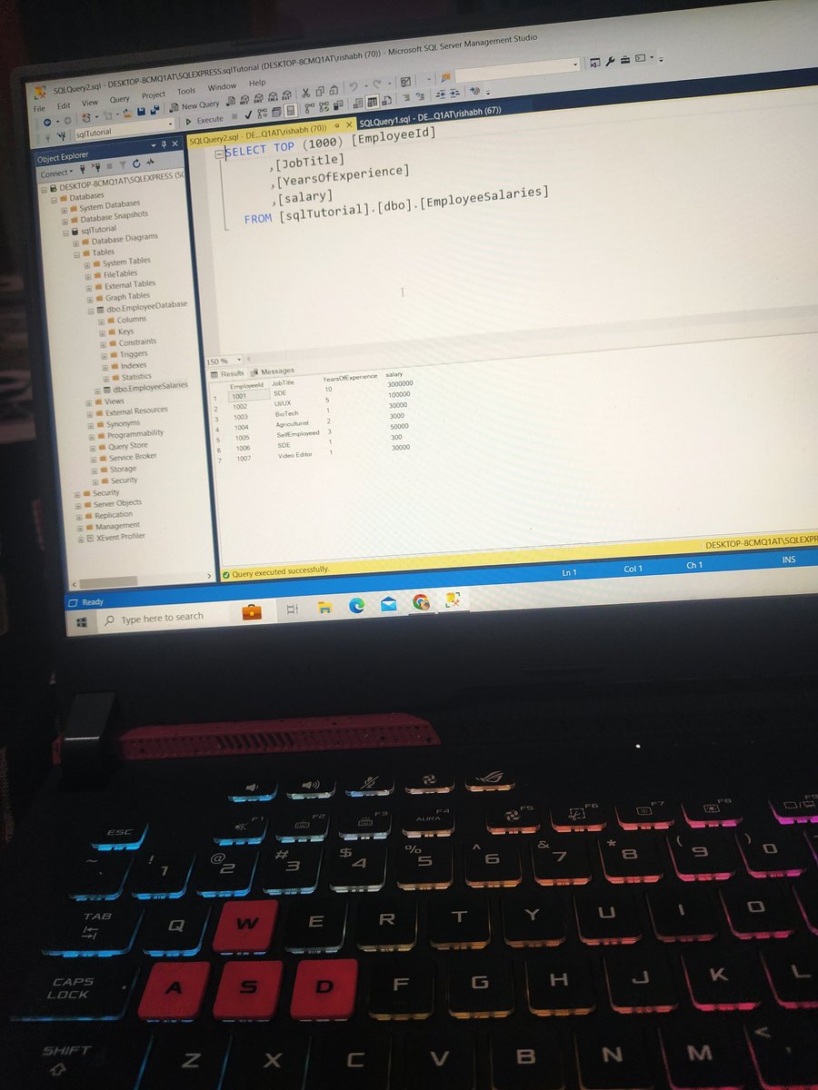 Rishabh79349870's tweet image. Day 1 of #30daysoflearning 
Learnt about
1) creating table and inserting values in it
2)SELECT statement and various other  variations of it like 
 DISTINCT,COUNT ,AS
3)also learnt how to find MAX,MIN,AVG
4)How to access a table if it is in another database
@Alex_TheAnalyst  OG👑