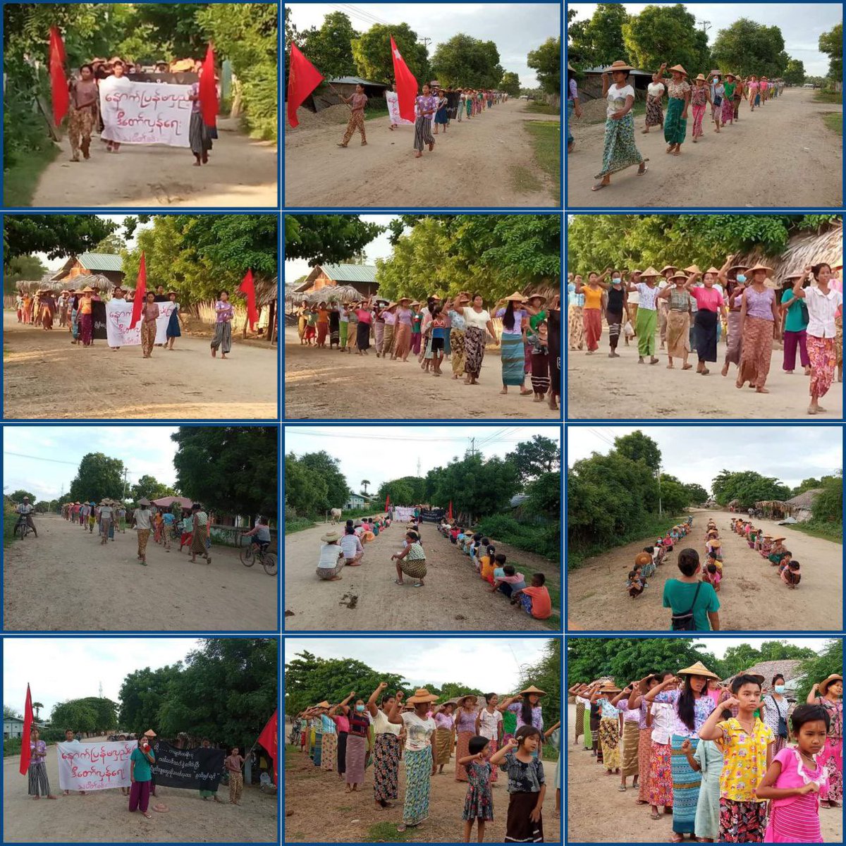 NantEiThandar's tweet photo. “No turning back for this Revolution Moment” Strike Column led the local Residents and staged the protest against The #MilitaryDictatorship in #Yinmarbin Twp, on August 19.
#WhatsHappeningInMyanmar 
#2023Aug19Coup 
#HelpMyanmarIDPs https://t.co/ZTnFX0cBxR
