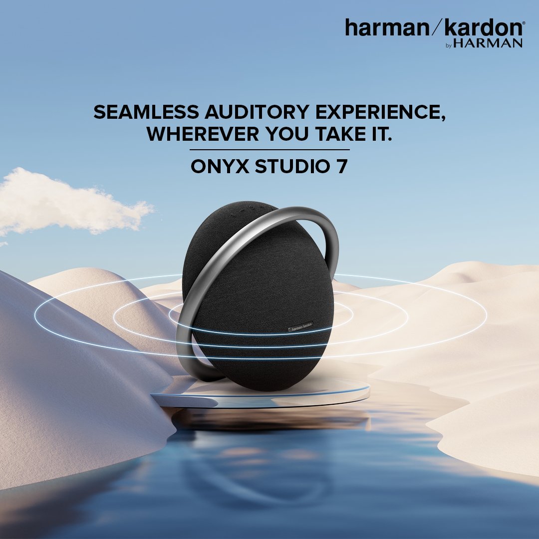The #HarmanKardon #OnyxStudio7’s sleek, anodized aluminum handle delivers a standout look while also doubling as a sturdy base for ease of portability.  
With your favorite speaker, enjoy a refined seamless auditory experience, wherever you take it.
#PremiumSpeakers #PremiumAudio