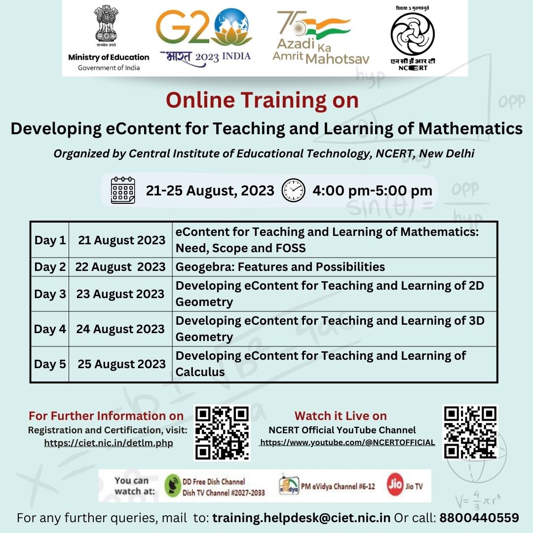 Online Training: For information on registration, participation & certification visit- ciet.nic.in/detlm.php Join us for the online training on 'Developing eContent for Teaching and Learning of Mathematics' organized by CIET-NCERT during 21-25 August, 2023.