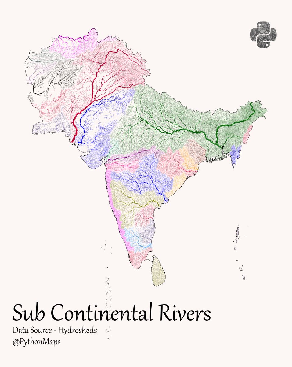 Python Maps (@pythonmaps) on Twitter photo Here are all of the rivers and waterways in the Sub Continent, coloured according to the major hydrological basins they are part of and scaled by their size.  #Matplotlib #Python #DataScience #Data #DataVisualization #India Here are all of the rivers and waterways in the Sub Continent, coloured according to the major hydrological basins they are part of and scaled by their size.  #Matplotlib #Python #DataScience #Data #DataVisualization #India