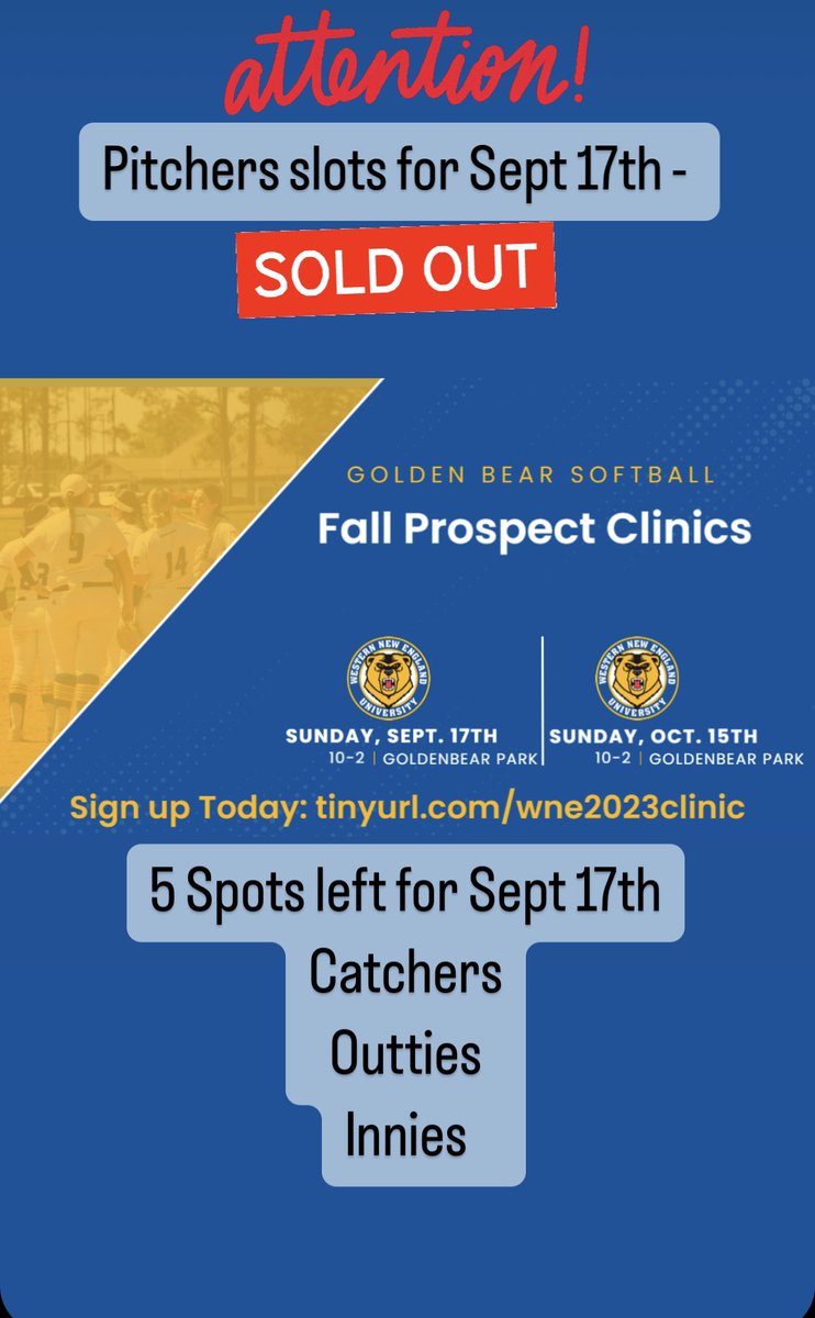 5 Spots left! Sign up today - tinyurl.com/wne2023clinic
Pitchers Spots for Sept 17th- Sold out!