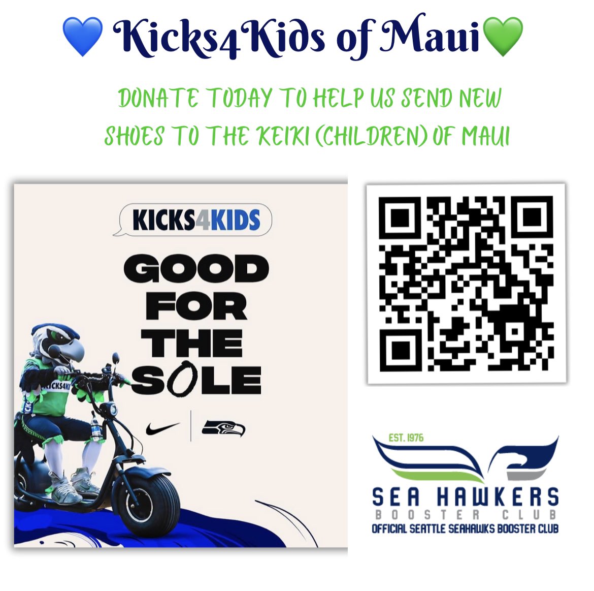 GASeaHawkers's tweet photo. 💙🌺For the third year, the Sea Hawkers are partnering with @BlitzTheSeahawk to buy new Nike’s for kids! This year, we will be fundraising for the children of Maui. Please donate at the link below, and be sure to enter Georgia as the chapter name.🌺💚

https://t.co/jDNBsO9mVI https://t.co/viwWE9Dk5y