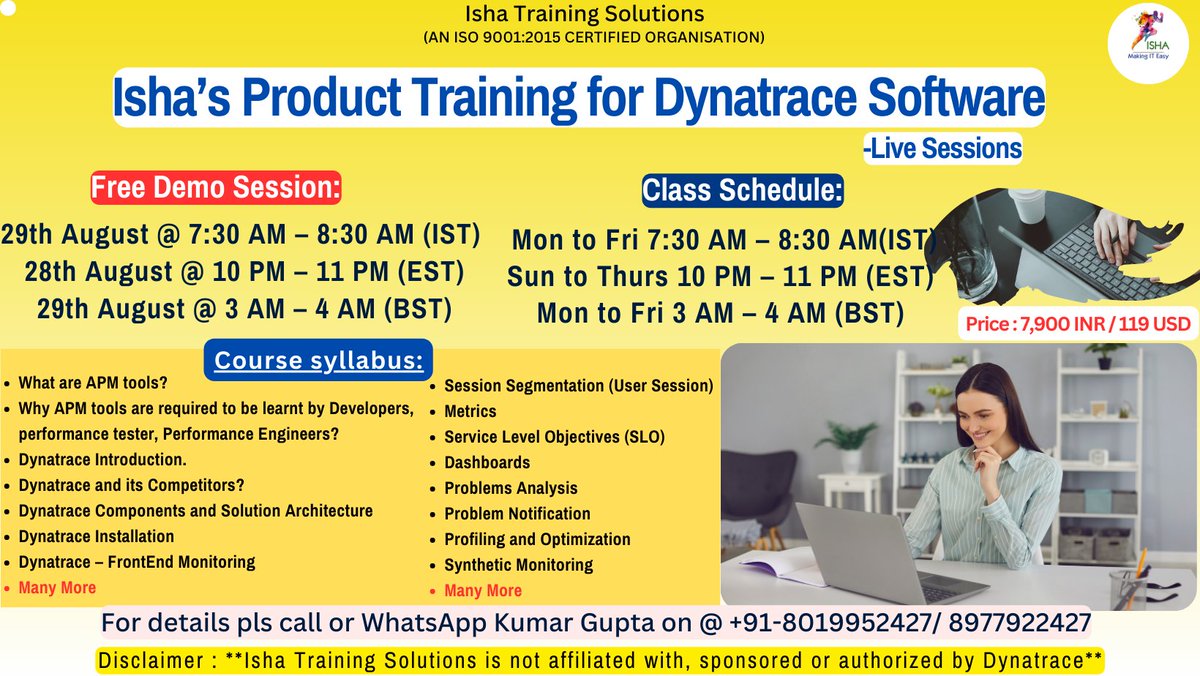 IshaKumargupta's tweet image. &quot;Dynatrace Software&quot; – Live Training 
Free Demo On: 29th AUG@7:30AM(IST)/28th AUG@10PM(EST) 
You can register by using the below link 
docs.google.com/forms/d/e/1FAI… 
pls call/WhatsApp@+91- 8019952427/8977922427 #dynatrace #appdynamics #peformancetesting #loadrunner