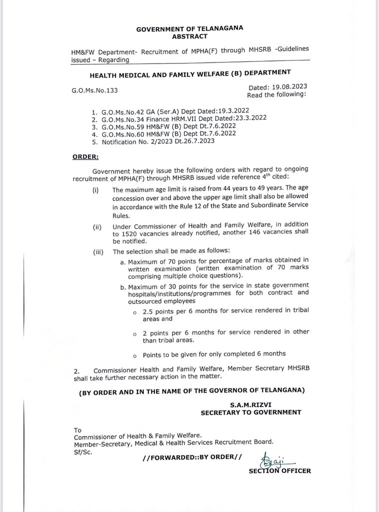 BRSHarish's tweet photo. Good news for aspiring Multi Purpose Health Assistants - MPAH(F)s !

Hon’ble CM Shri KCR garu directed to increase Age limit from 44 to 49. 
Vacancies increased from 1,520 to 1,666. Service weightage increased from 20 marks to 30 marks  for MPHA (F) recruitment through MHSRB. 

This move will further strengthen primary healthcare delivery and fulfill staff aspirations in tune to the aspirations of #AarogyaTelangana
