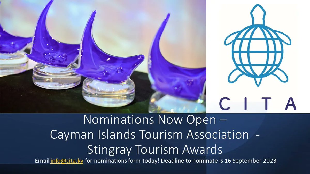 Nominate today for the Cayman Stingray Tourism Awards. Categories  include Manager of the Year, Employee of the Year in various sectors and The Rising Star Award. Nominations  accepted through Friday, September 15th, 2023. email - info@cita.ky - for a form today.