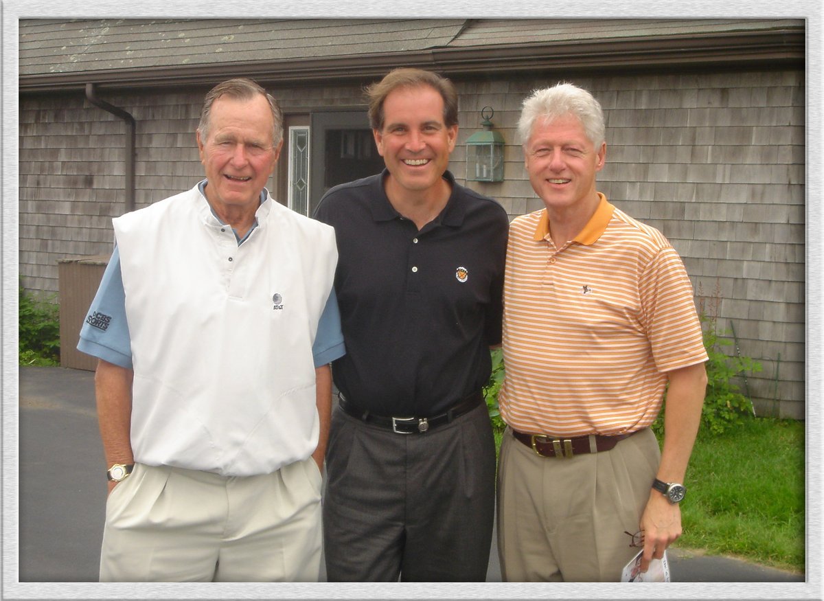 BushFdn's tweet photo. Wishing a happy birthday to President @BillClinton! He is pictured here with President Bush and Jim Nantz during a 2005 visit to Kennebunkport filled with rounds of golf, boat rides and lots of laughter. https://t.co/mpzkK4HNbZ