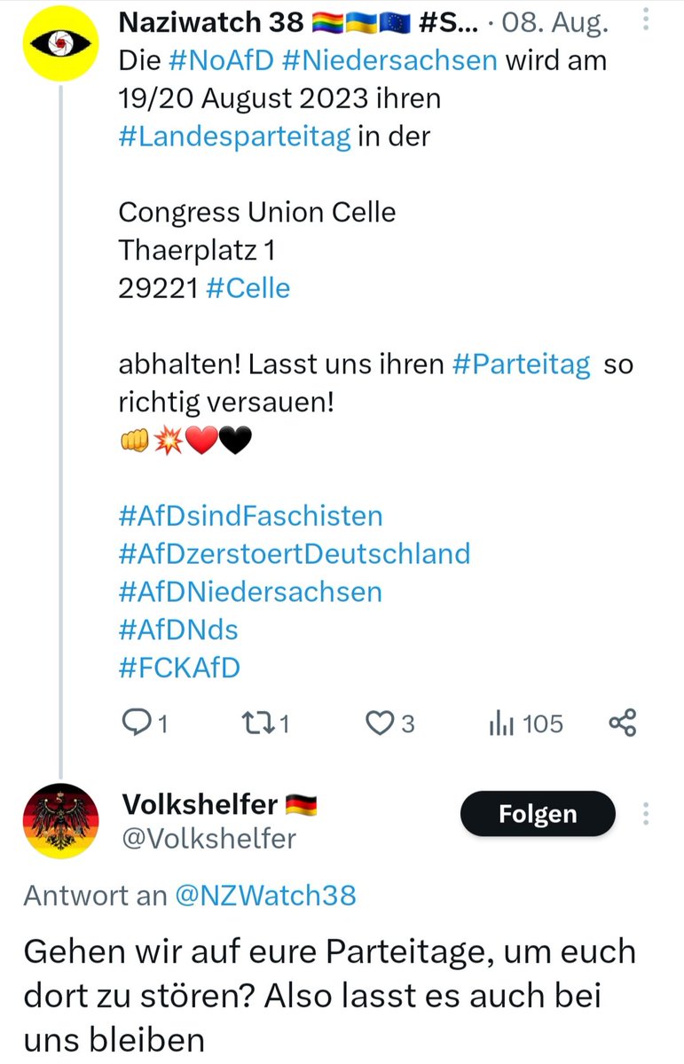 NZWatch38's tweet photo. Der selbsternannte "Volkshelfer" möchte nicht, dass wir den #Landesparteitag der #FCKAfD #Niedersachsen in #Celle stören! 🤔 Was meint ihr dazu? 😜
#NoAfD
#AfDVerbotJetzt
#AfDsindFaschisten
#AfDmachtDumm
#AfDmachtsauDumm
#CE1908
#NoNazis
#wirsindmehr https://t.co/3HbohhEUhf