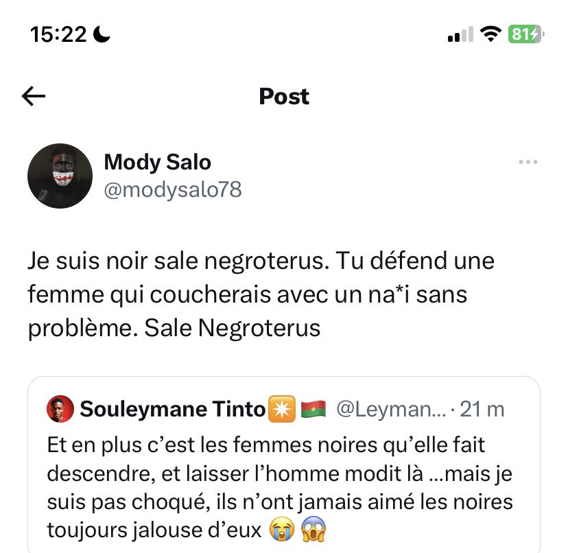 L_Activiste226's tweet image. Voici les #propos d’un #homme_noir , Qui insulte #la_femme_noire 
Je suis choqué😱de ses propos . 
Mais pour le respect de l’humanité, chaque femme a le droit à l’amour peut #importe_la_couleur,elle a droit d’être avec #un_blanc que d’être avec un #noir_comme_toi😭😱😔@modysalo78
