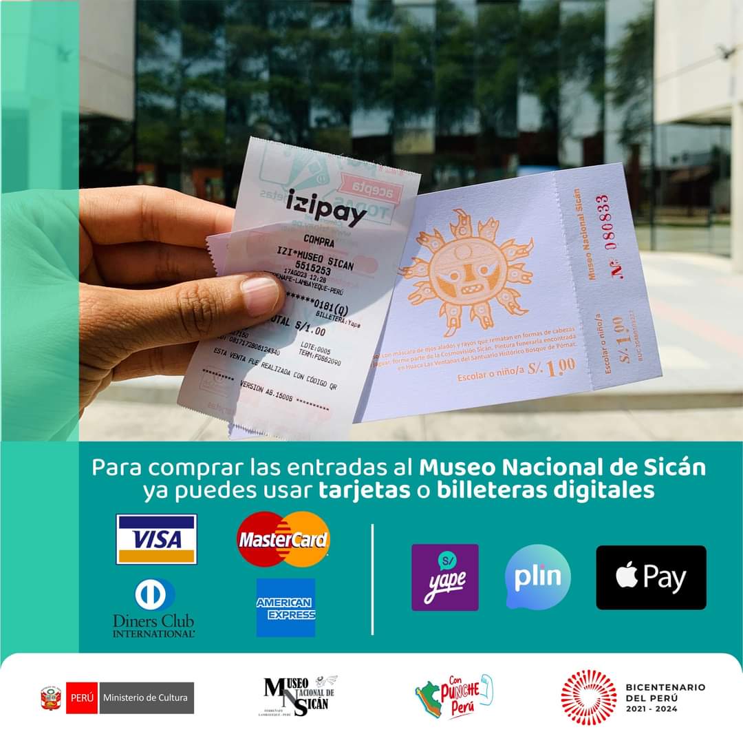 visitlambayeque's tweet photo. 📣ATENCIÓN VISITANTES! 🤩

🏛️Ahora para comprar entradas en el @museosican también se aceptará pagos empleando tarjetas bancarias como Visa, MasterCard, American Express y Diners Club💳. 

Además, podrás utilizar las billeteras digitales de Yape, Plin y Apple Pay📲🥳

¡Comparte! https://t.co/Aa9ACGU54i