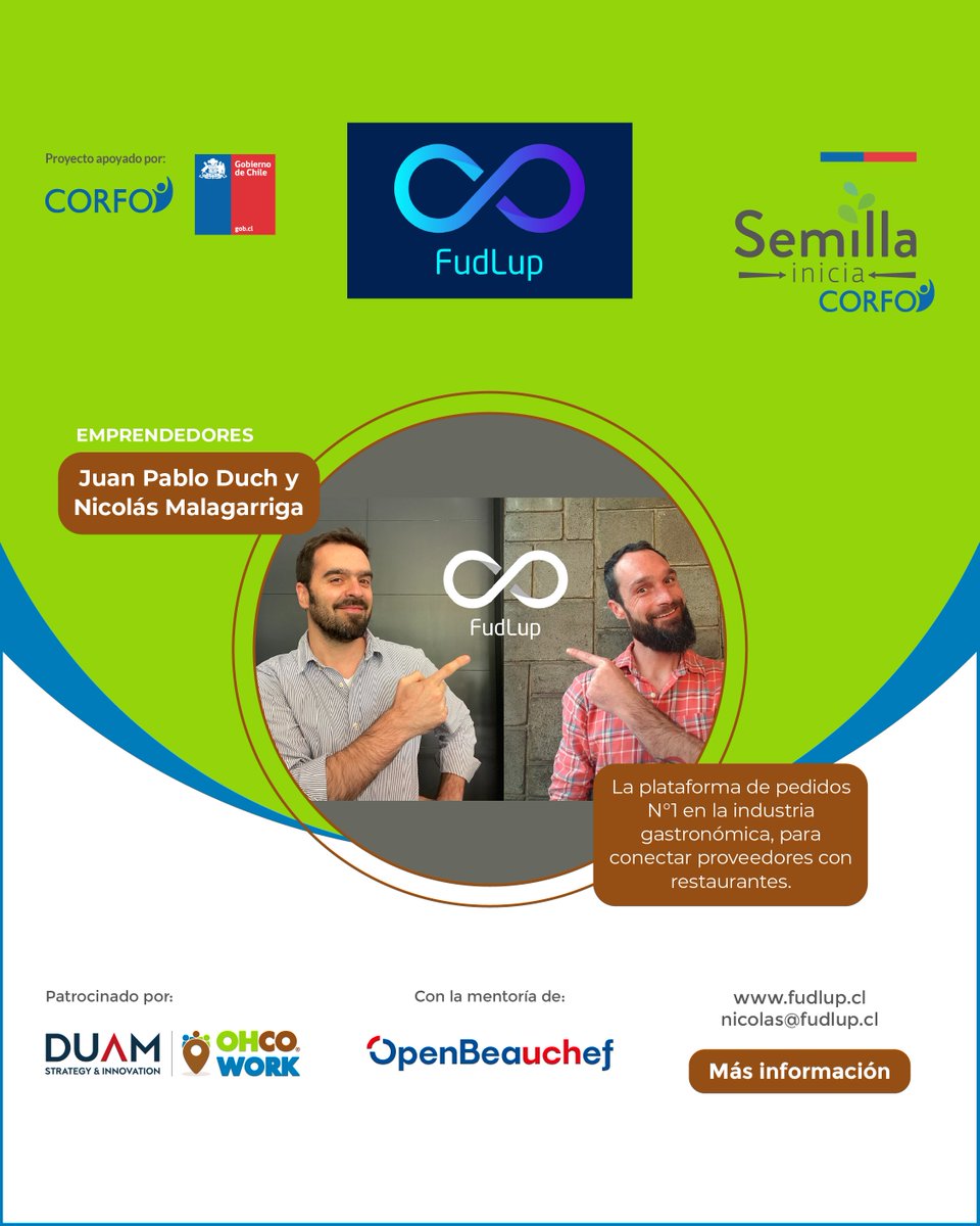 Hoy queremos que conozcan a #FudLup, quienes finalizaron recientemente la ejecución de un #SemillaInicia de <a href="/Corfo/">Corfo</a> con nuestro patrocinio.
La app para optimizar la cadena de abastecimiento Horeca, le permite a proveedores conectar con Restaurantes.
Visita fudlup.cl