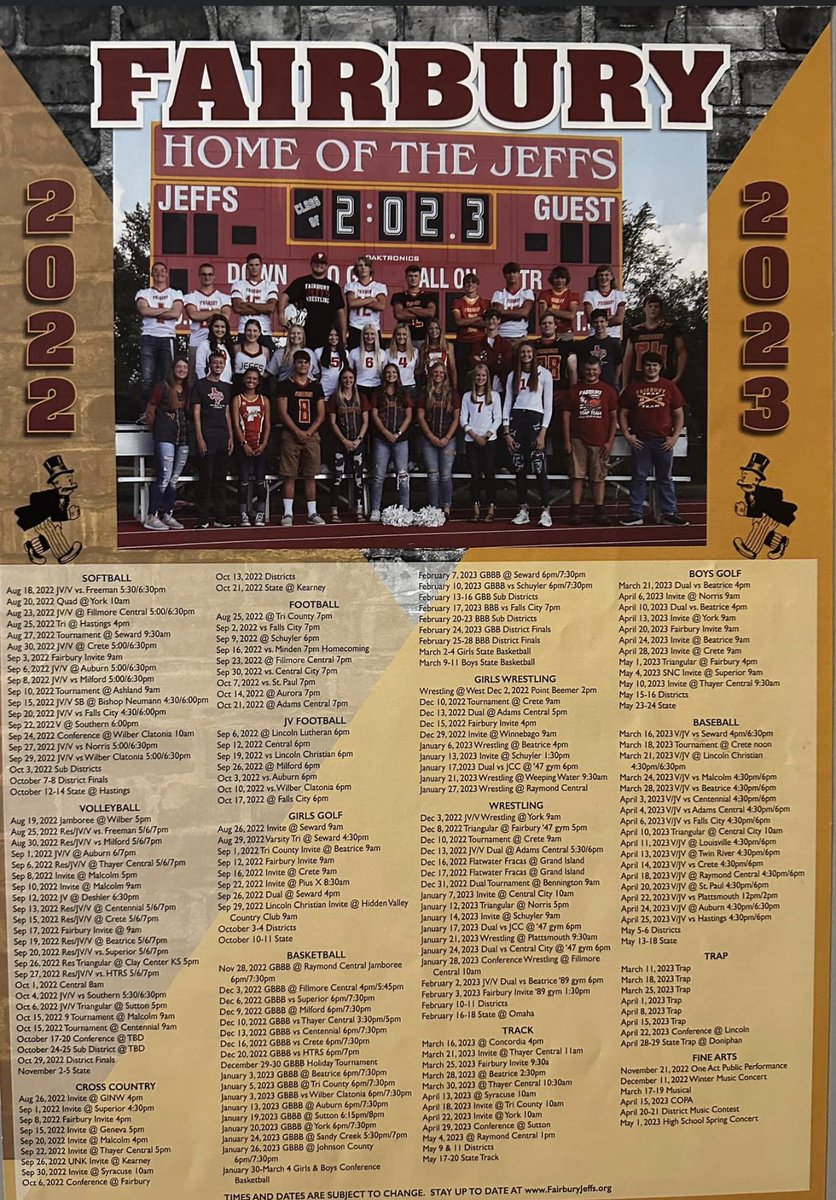 ATTENTION FAIRBURY SENIOR PARENTS!!!
On Sunday, August 20th at 5:00 pm at the Fairbury High School, we will be taking a picture on behalf of the Fairbury Jeffs Booster Club of all the seniors in activities for the activities calendar poster. Feel free to have your child wear any