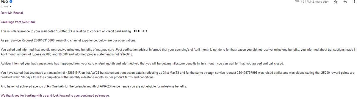 bpradeep20's tweet photo. @AxisBank 

I have not received milestone benefit of 25000 points for month of April'23 for my Magnus credit card even after confirmation multiple time from Customer care.

PNO replies are inconsistent I even got call yesterday to confirm I will get 25k points.  Please help. https://t.co/6DtgK64WhC